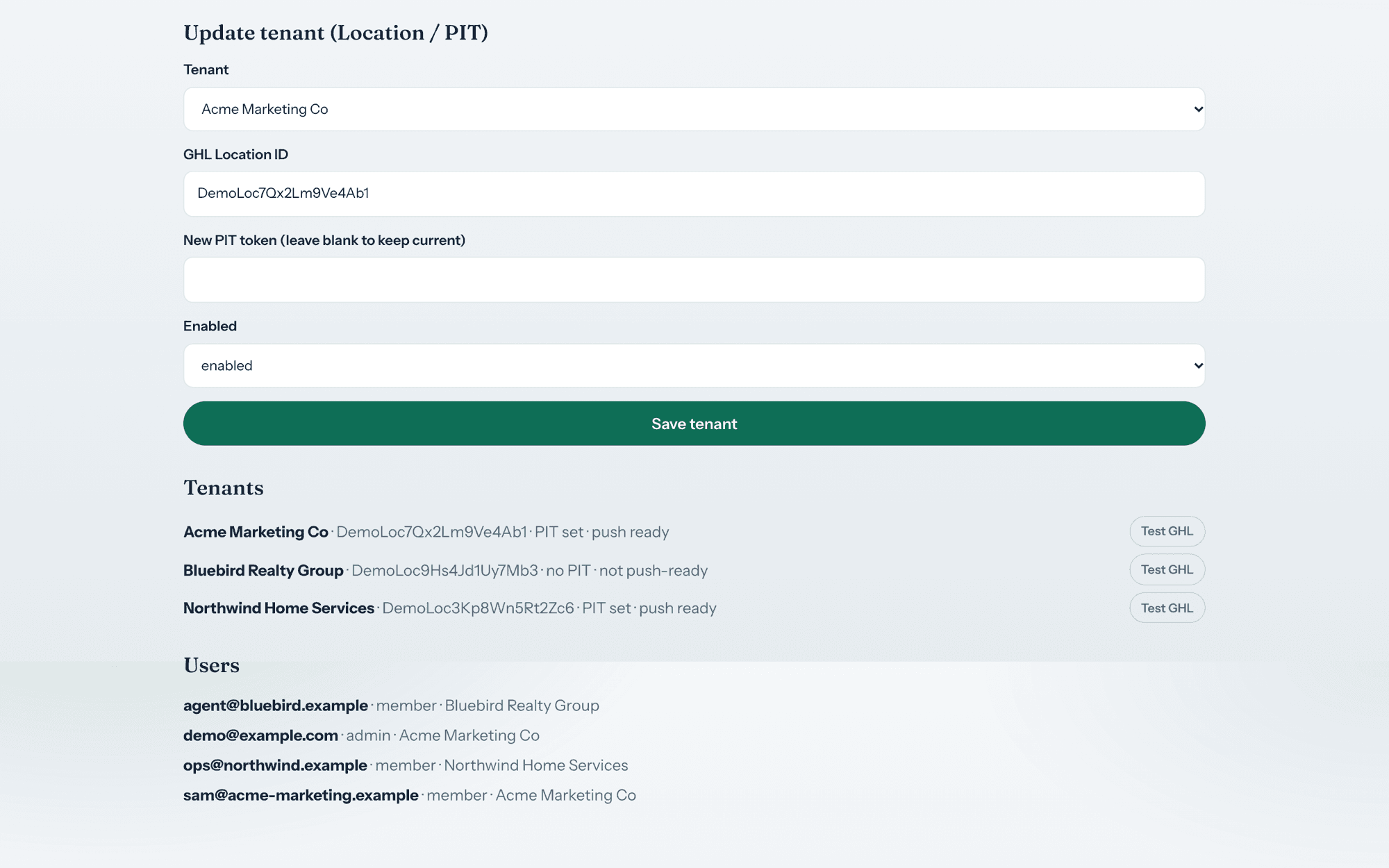 Lead Harvester admin page listing tenants and users