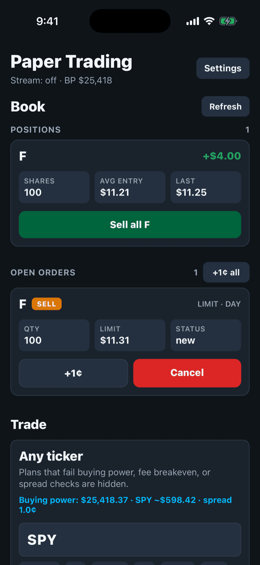 Trade screen with buying power, a position, and an open sell order
