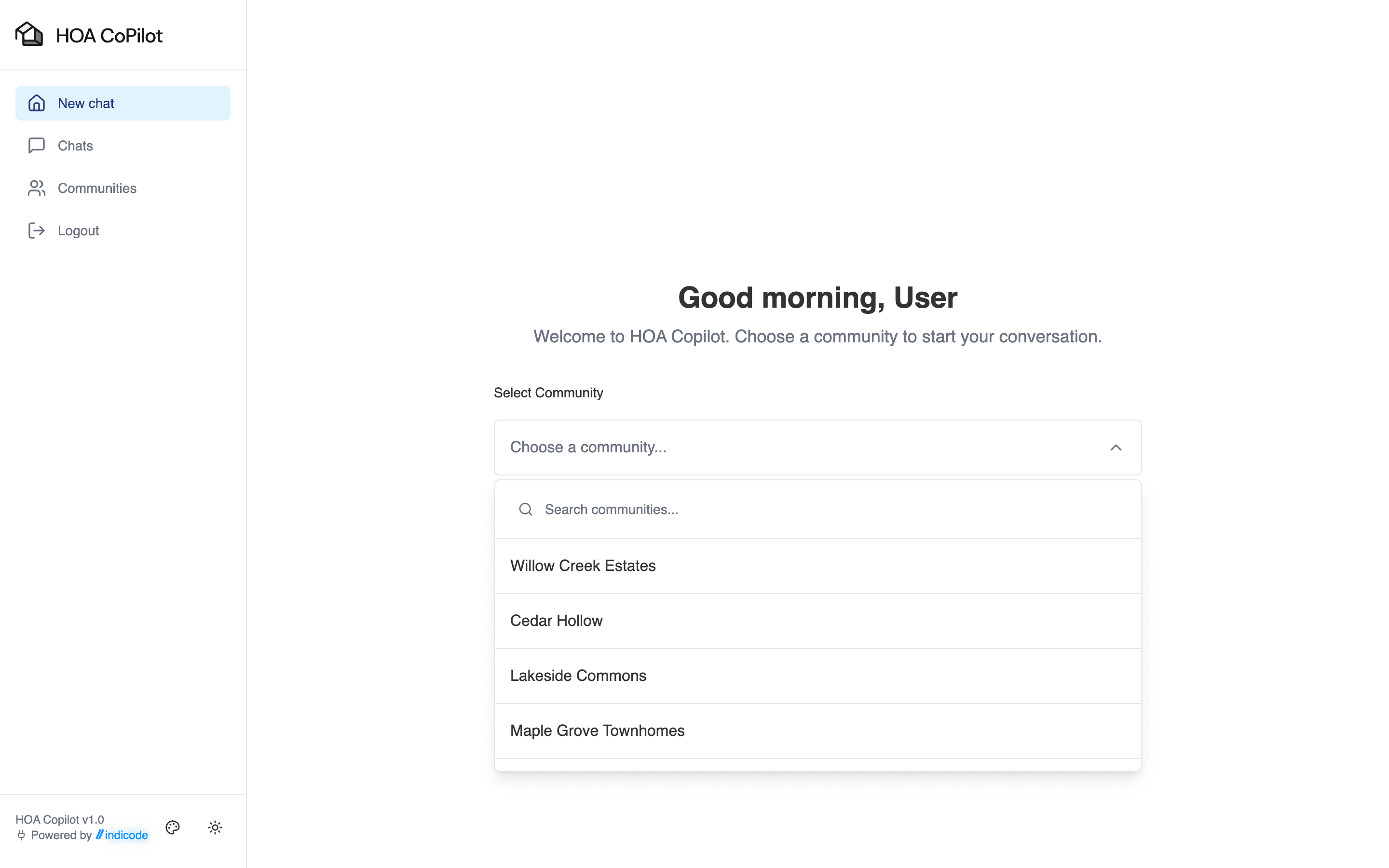Landing page with a greeting and the community picker open