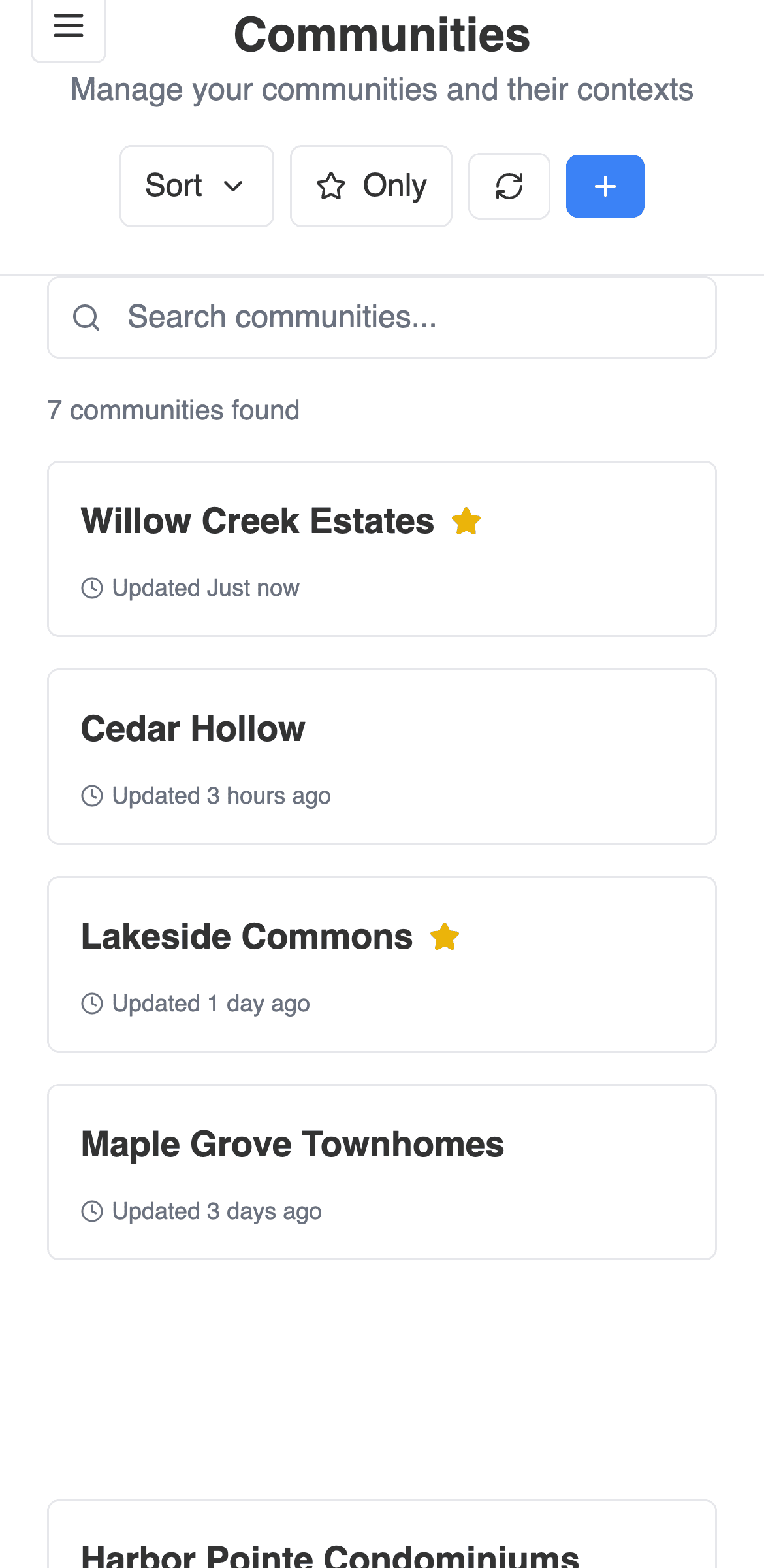 Communities list on a phone with two favorites