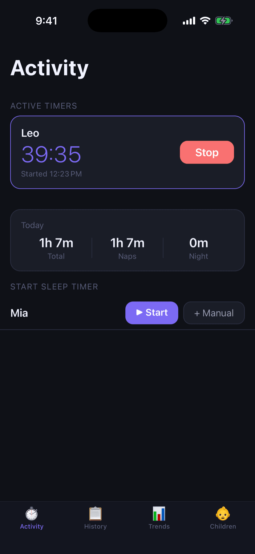 Activity screen with live sleep timers