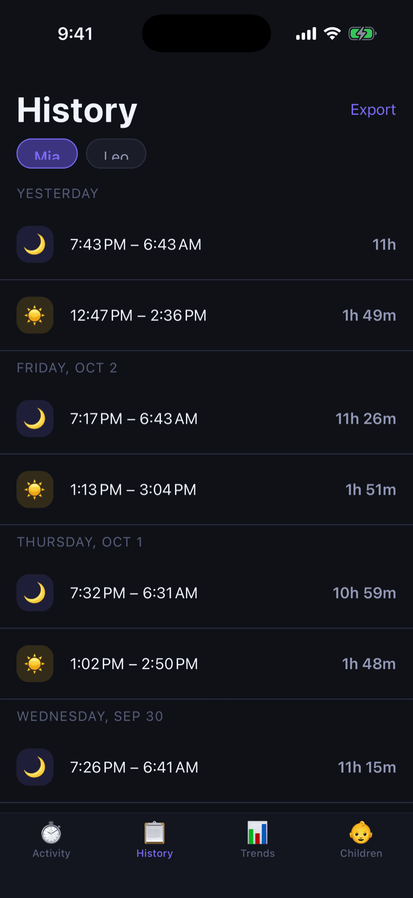 History screen with sessions grouped by day
